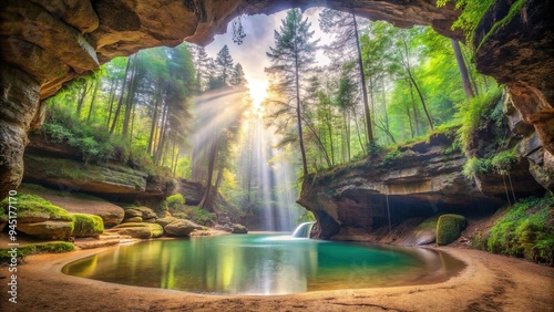 Whimsical fairytale-like shot of Hocking Hills State Park's ash cave, with soft focus, pastel hues, and dreamy ambiance photo