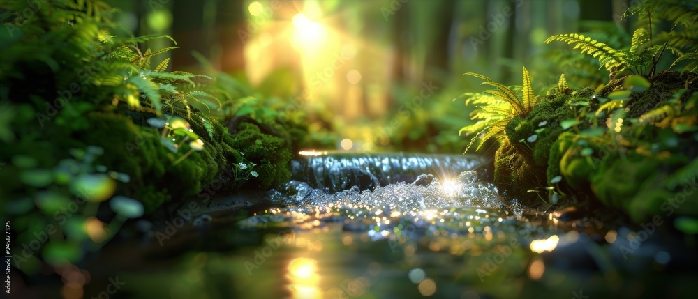 Serene Forest River in - Tranquil Nature Landscape with Sunlight Beams Reflecting on Clear Water Serene Forest River in - Tranquil Nature Landscape with Sunlight Beams Reflecting on Clear Water