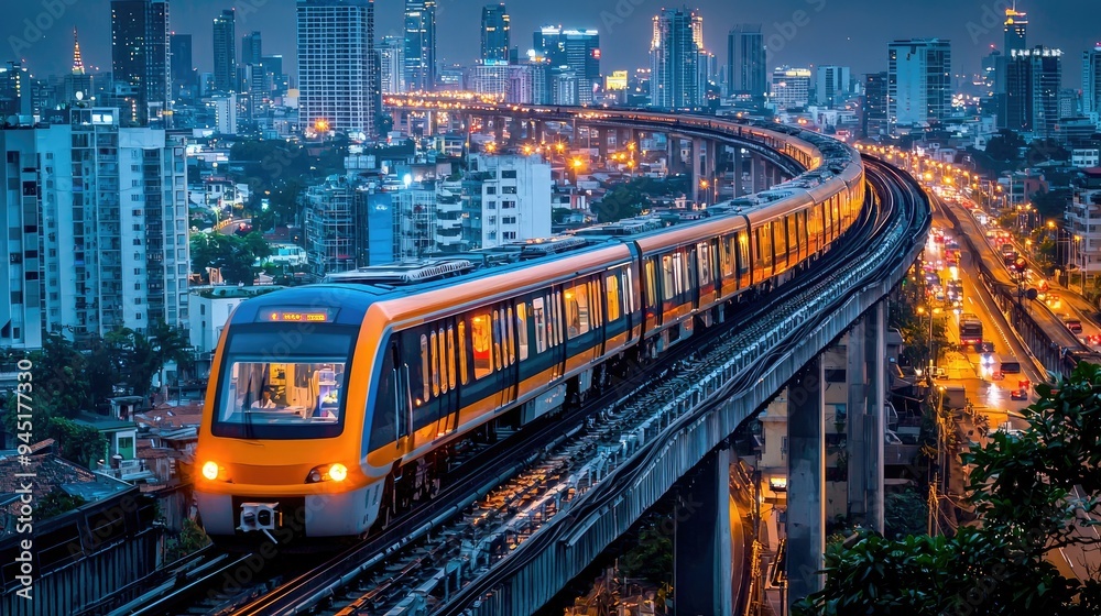 Elevated Train Passing Through a City at Dusk Elevated Train Passing Through a City at Dusk