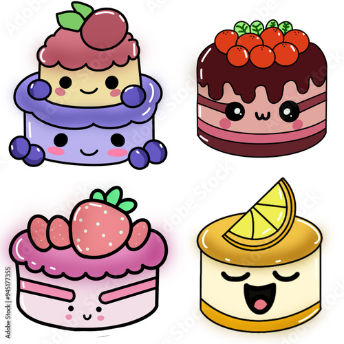 set of cute little cakes Set of cute sweet food desserts sticker icon in kawaii style illustration