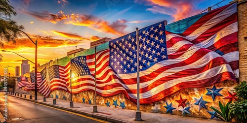 Vibrant Tel Aviv street art fusion with American flags waving in the wind, warm sunset tones, shallow depth, capturing the essence of cultural unity. photo