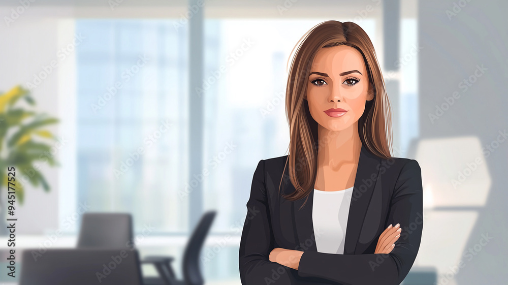 Confident businesswoman standing in a modern office space during the daytime with a professional demeanor and elegant attire Confident businesswoman standing in a modern office space during the daytime with a professional demeanor and elegant attire