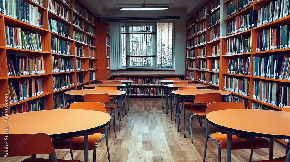 Empty Tables and Bookshelves in a Library Empty Tables and Bookshelves in a Library