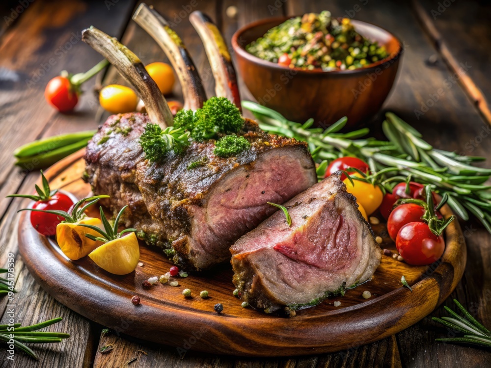 Photo image of a perfectly grilled rack of lamb with a crispy skin and a savory rub, garnished with fresh herbs and a side of roasted vegetables. Photo image of a perfectly grilled rack of lamb with a crispy skin and a savory rub, garnished with fresh herbs and a side of roasted vegetables.