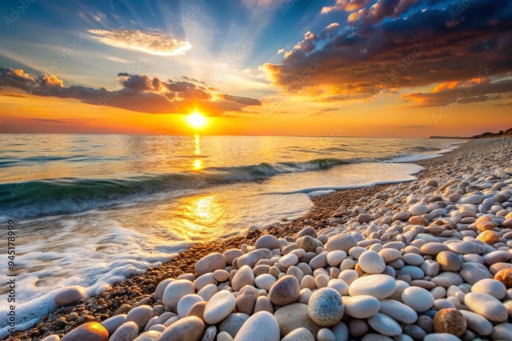 Obraz premium a photo image of soft white pebbles scattered along the serene and peaceful shore at sunset
