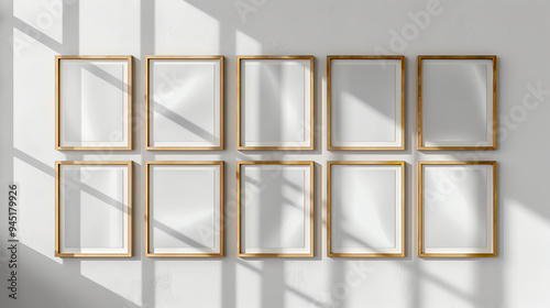 Twelve empty picture frames hang on a white wall with natural light streaming through a window.