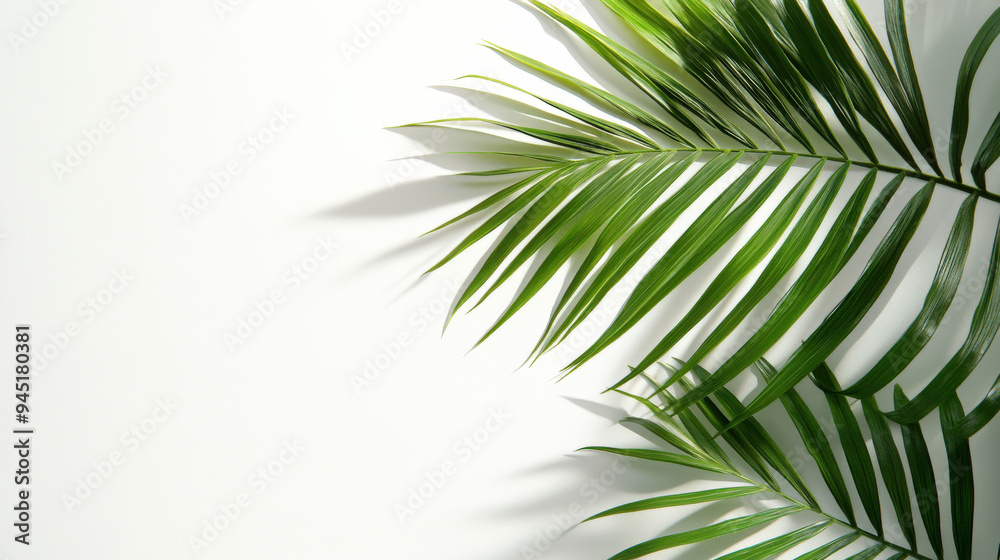 palm leaf extending across a minimalist white background, with subtle shadows and ample space for copy palm leaf extending across a minimalist white background, with subtle shadows and ample space for copy
