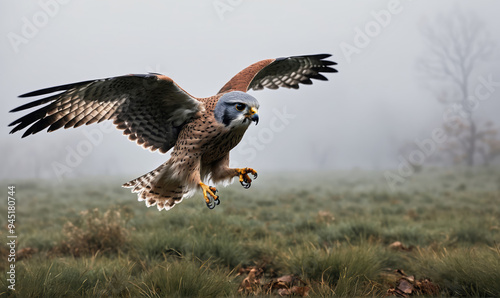 A kestrel glides through the foggy morning air, its wings outstretched in a graceful dive