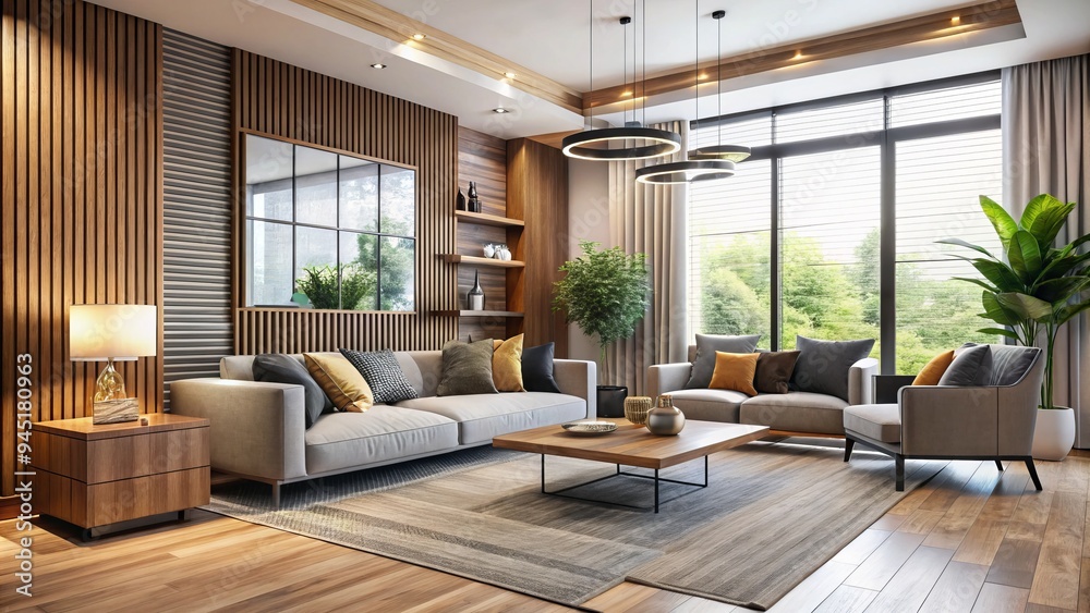 Fototapeta premium a photo image of a modern living room with a minimalist-inspired designer interior featuring sleek lines, natural wood accents, and a calming color scheme