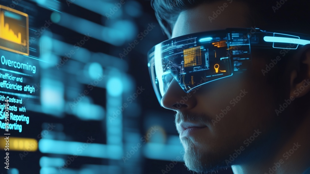 Close up headshot of man wearing virtual reality goggles beside a futuristic holographic screen Close up headshot of man wearing virtual reality goggles beside a futuristic holographic screen