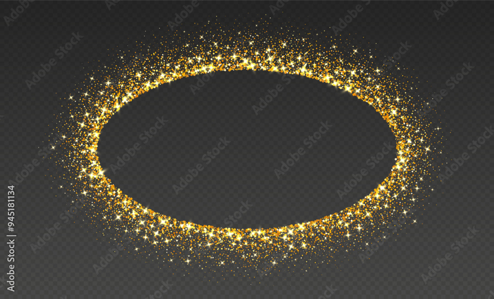 Golden glitter frame, shimmering border in oval shape, festive holiday sparkles. Christmas decoration. Vector illustration.