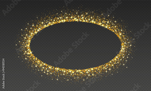 Obraz na płótnie Golden glitter frame, shimmering border in oval shape, festive holiday sparkles. Christmas decoration. Vector illustration. w salonie