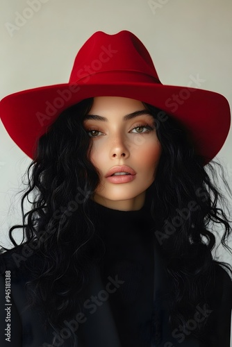 Woman with Red Hat and Wavy Black Hair Fashion Portrait