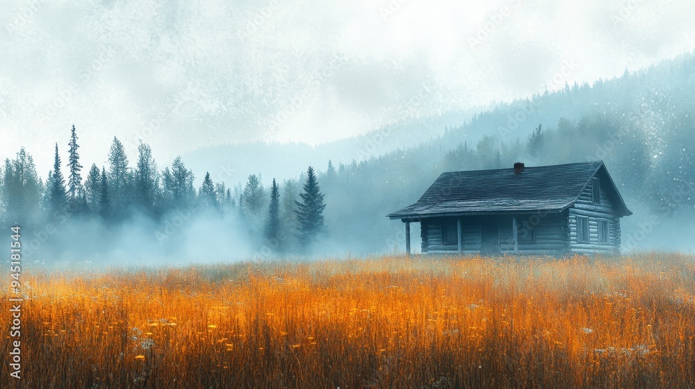 Rustic Cabin in Misty Meadow with Autumn Colors and Pine Forest in the Background Rustic Cabin in Misty Meadow with Autumn Colors and Pine Forest in the Background
