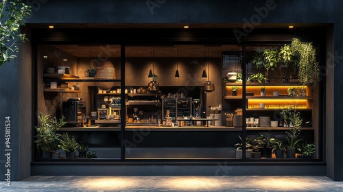 A window display of a cafe with a green plant in the window
