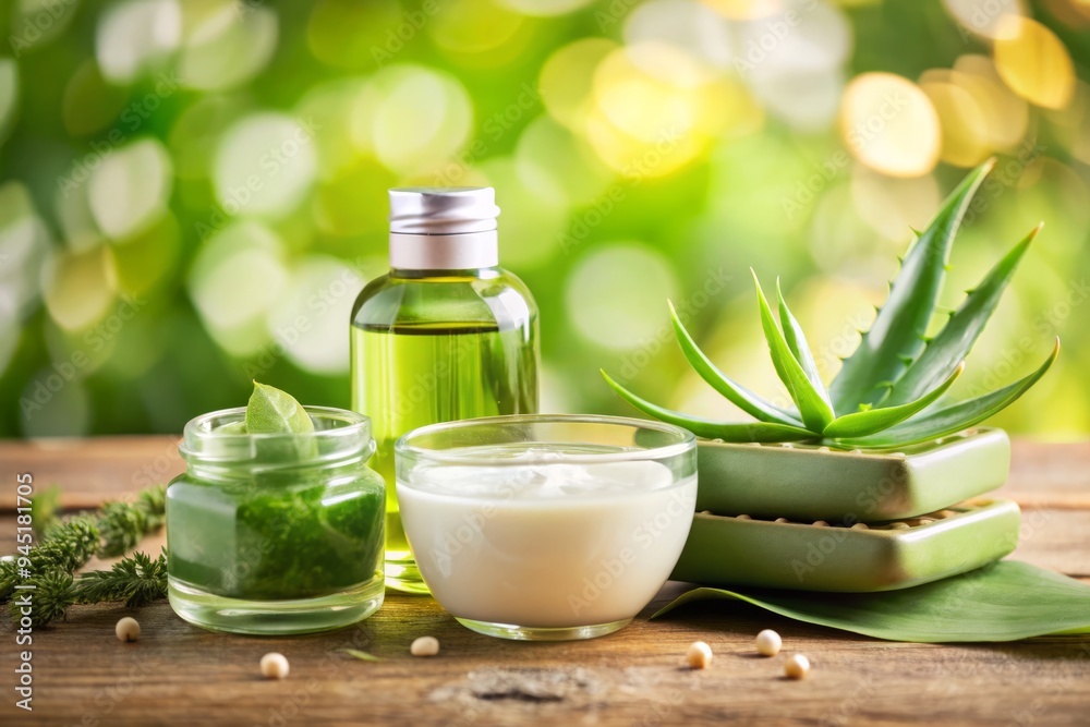 Photo image of a gentle, natural skincare routine for acne-prone skin, featuring a soft focus blur and an emphasis on soothing ingredients like aloe vera and green tea Photo image of a gentle, natural skincare routine for acne-prone skin, featuring a soft focus blur and an emphasis on soothing ingredients like aloe vera and green tea