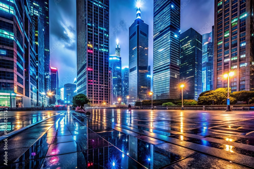 Fototapeta premium A photo image of a cityscape at night with a grid of neon streetlights reflected in the wet pavement, surrounded by towering skyscrapers.