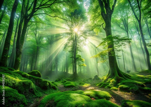 ethereal glowing green forest mist, imbuing a sense of enchantment and magic, captured with a wide-angle lens and backlight photo