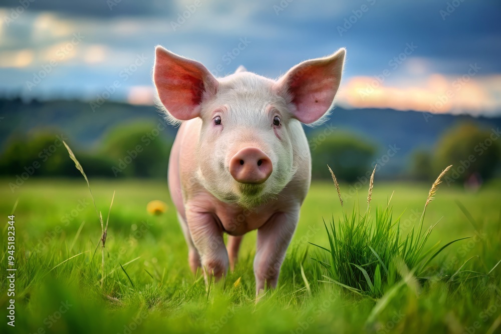 A lush green field stretches into the distance, a pink pig with a black and white logo on its back strides confidently across the landscape, sun shining down. A lush green field stretches into the distance, a pink pig with a black and white logo on its back strides confidently across the landscape, sun shining down.