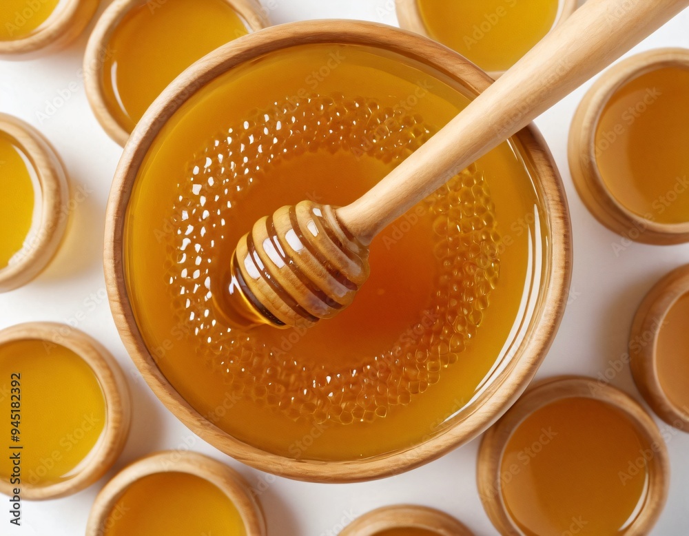 Top view Organic Honey with wooden dipper isolated on white background, healthy food, food blog, minimal background, space for text. Ai generated images Top view Organic Honey with wooden dipper isolated on white background, healthy food, food blog, minimal background, space for text. Ai generated images