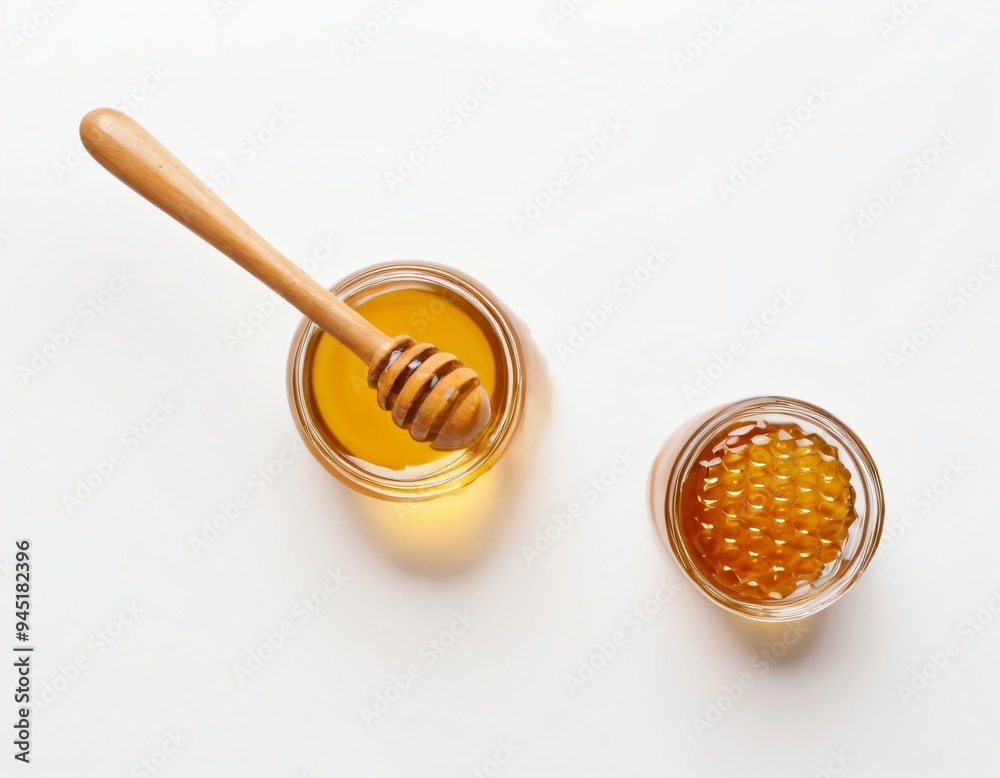 Top view Organic Honey with wooden dipper isolated on white background, healthy food, food blog, minimal background, space for text. Ai generated images Top view Organic Honey with wooden dipper isolated on white background, healthy food, food blog, minimal background, space for text. Ai generated images