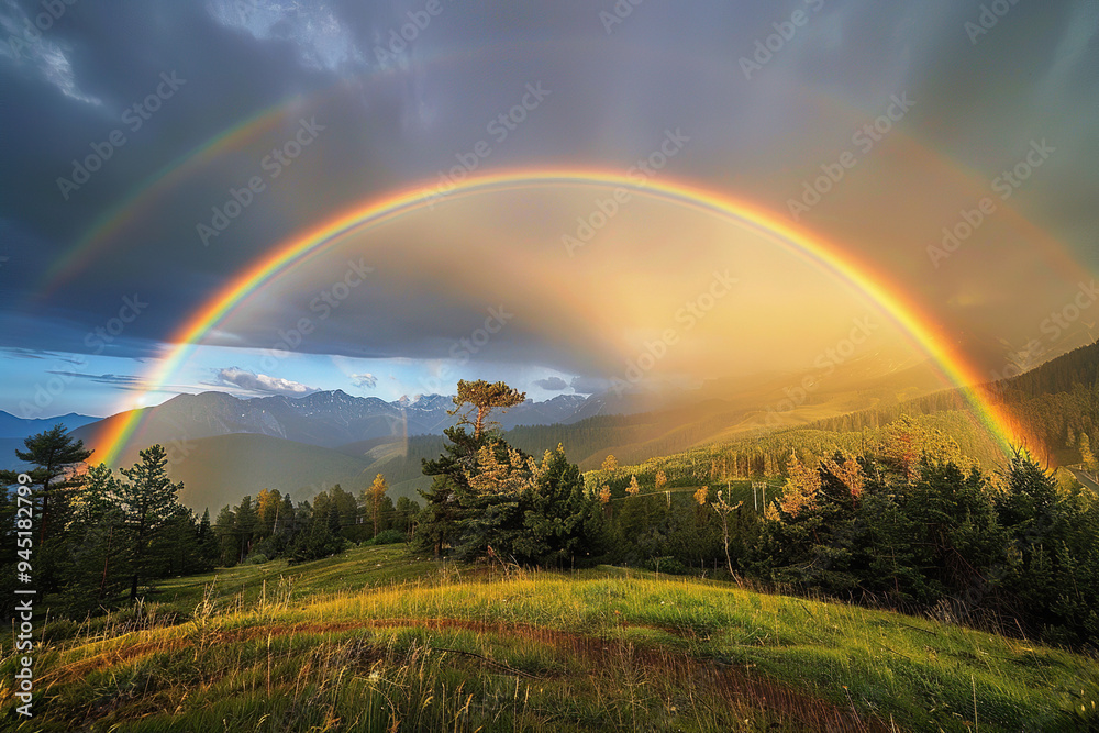 Generative ai on theme of beautiful tranquil landscape with magical bright rainbow at cloudy sky Generative ai on theme of beautiful tranquil landscape with magical bright rainbow at cloudy sky