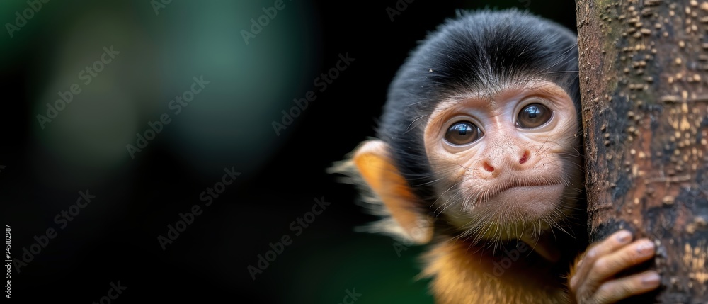 Fototapeta premium Playful Baby Monkey Exploring in a Vibrant Jungle Canopy