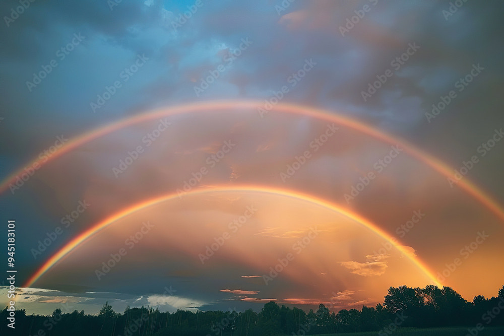 Generative ai on theme of beautiful tranquil landscape with magical bright rainbow at cloudy sky