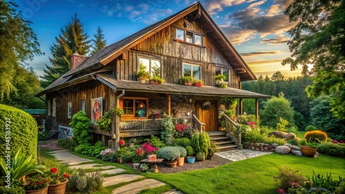 dramatic wide-angle shot of grandparents' rustic wooden home filled with lush greenery and grandchildren's artwork in a serene natural ambiance