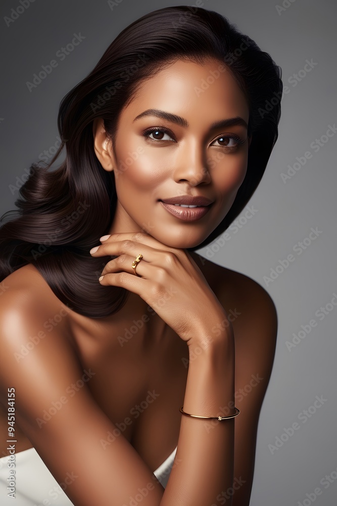 Beautiful Woman With Long Black Hair Golden Jewelry and Natural Makeup Beautiful Woman With Long Black Hair Golden Jewelry and Natural Makeup