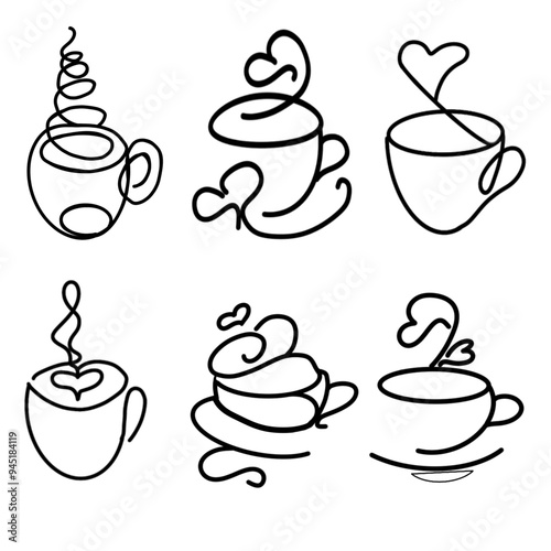 cup of coffee continuous line art hand drawing. Coffee house logo. Outline style drawn sketch vector Sketched hot tea drink. Teacup symbol. Monoline vector illustration isolated on white background