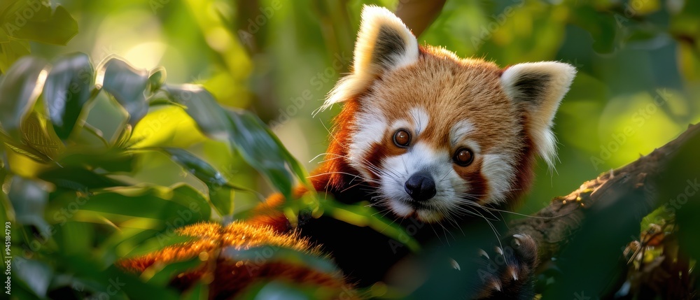 Obraz premium Curious Red Panda Exploring the Lush Forest Canopy
