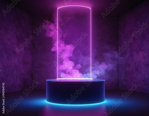 Cylinder flying podium with neon glowing abstract geometric shapes on wall and smoke clouds. Realistic 3d illustration of purple and blue luminous hi tech  on dark background. Ai generated images