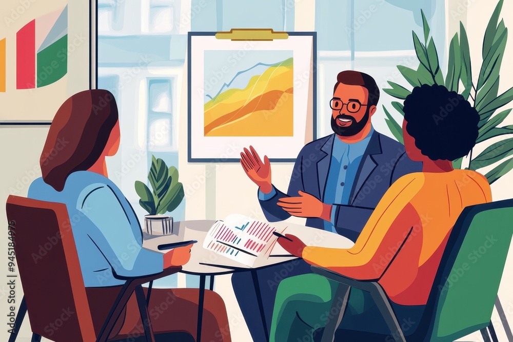 Abstract Financial Advisor Consulting Clients with Stylized Figures in Meeting Room Abstract Financial Advisor Consulting Clients with Stylized Figures in Meeting Room