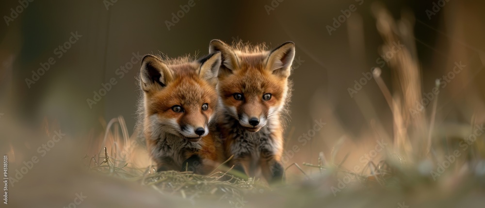 Obraz premium Adorable Fox Cubs Playfully Frolicking in a Lush Grass Field