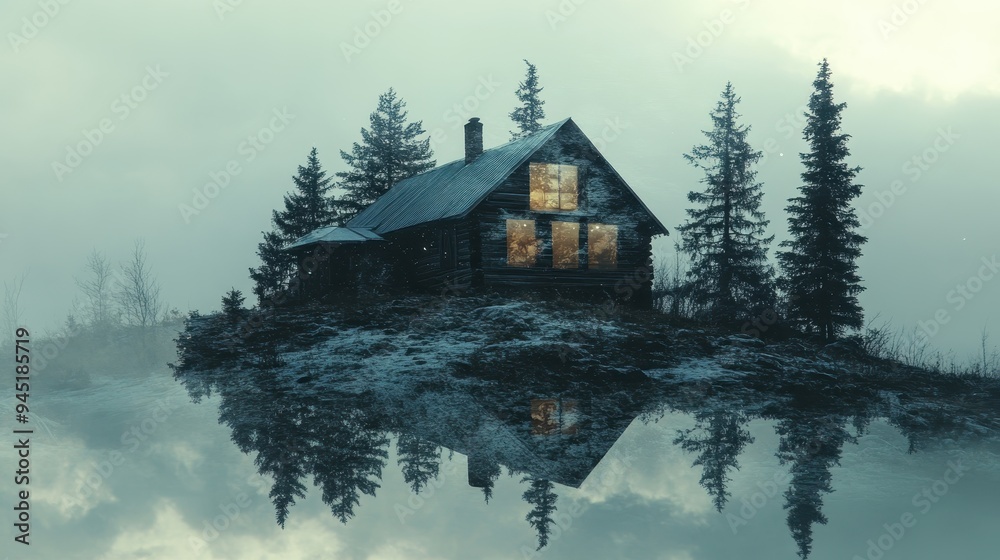 custom made wallpaper toronto digitalCozy Cabin in the Woods with Reflections on a Misty Lake at Dusk Surrounded by Pine Trees