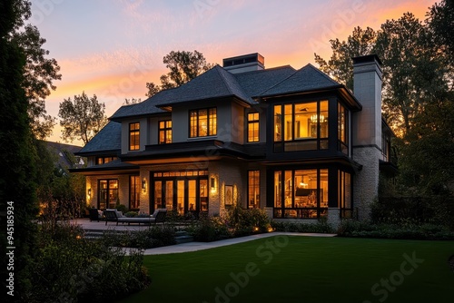 A modern home at sunset, showcasing elegant architecture and serene landscaping.