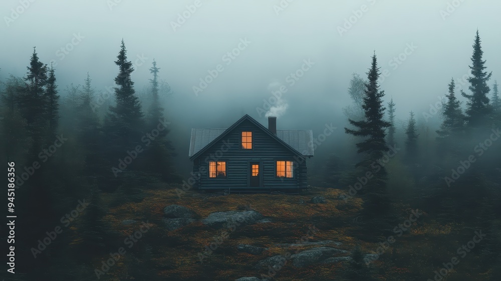 Cozy Cabin in Misty Forest with Warm Lights and Smoky Chimney on a Foggy Morning Cozy Cabin in Misty Forest with Warm Lights and Smoky Chimney on a Foggy Morning