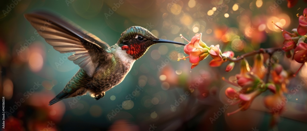 Fototapeta premium Graceful Hummingbird Hovering by Vibrant Flower in Garden Oasis