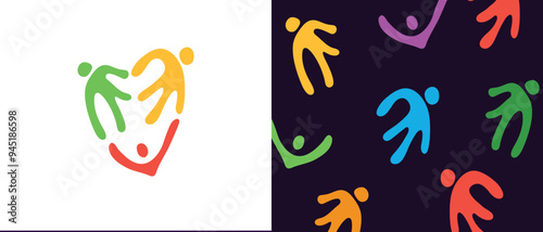 three people in heart shape logo icon symbol, concept of charity donation, social community network connection group for children kids teenagers. abstract human background texture pattern