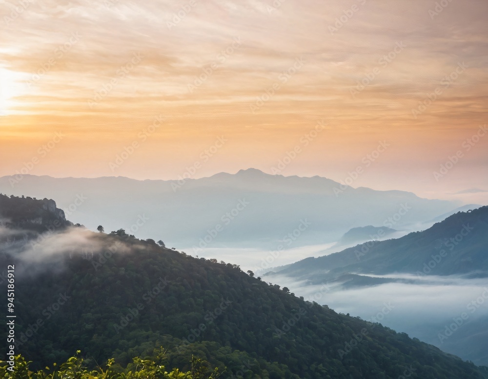 Mountains under mist in the morning Amazing nature scenery. Nature background and Adventure concept. Ai generated images Mountains under mist in the morning Amazing nature scenery. Nature background and Adventure concept. Ai generated images