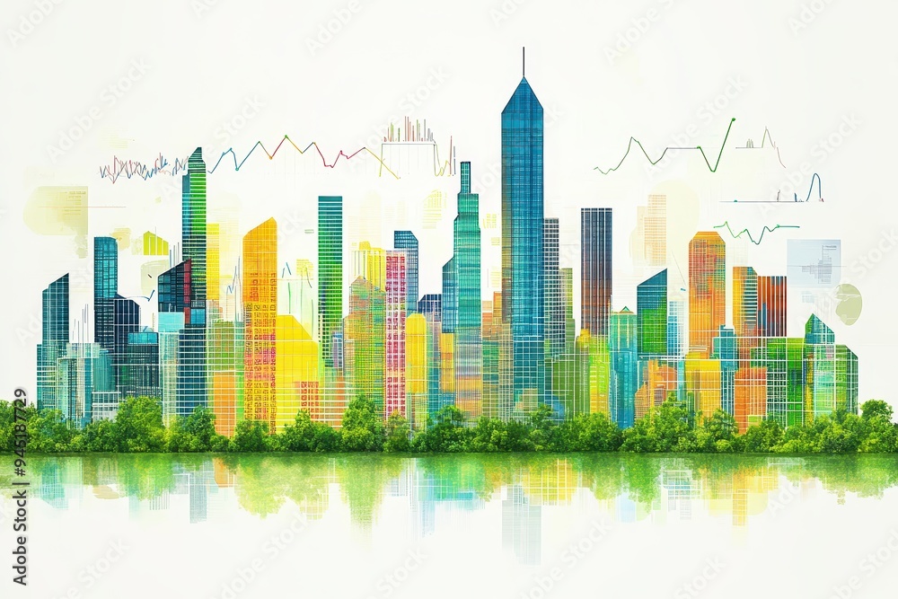 Obraz premium Data-Driven Futurism: Minimalistic Illustration of a City Skyline Crafted from Graphs and Charts