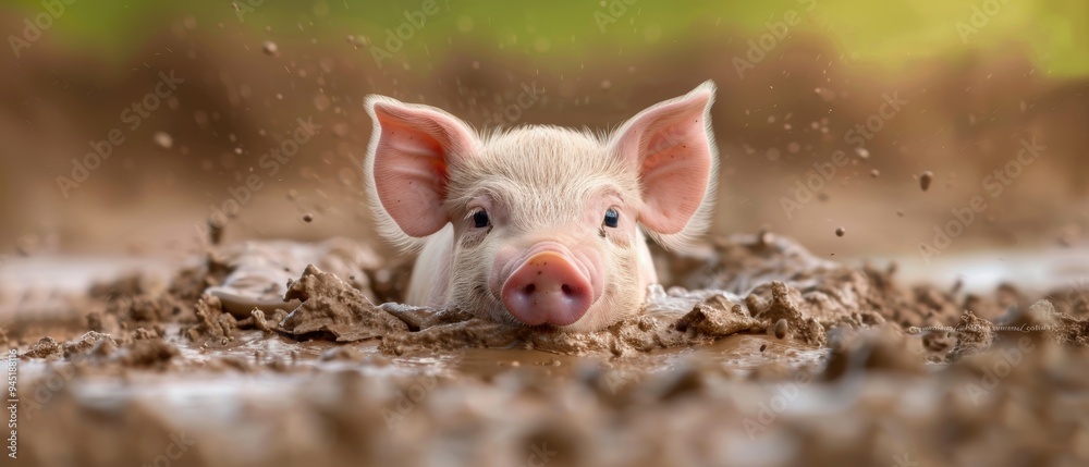 Playful Piglet Enjoying a Mud Bath on a Rural Farm Playful Piglet Enjoying a Mud Bath on a Rural Farm