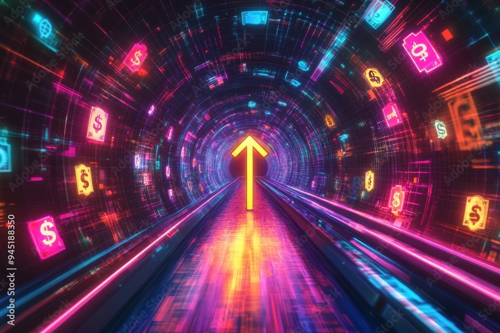 Neon Financial Progression - Arrow with Currency Symbols in Digital Tunnel Neon Financial Progression - Arrow with Currency Symbols in Digital Tunnel
