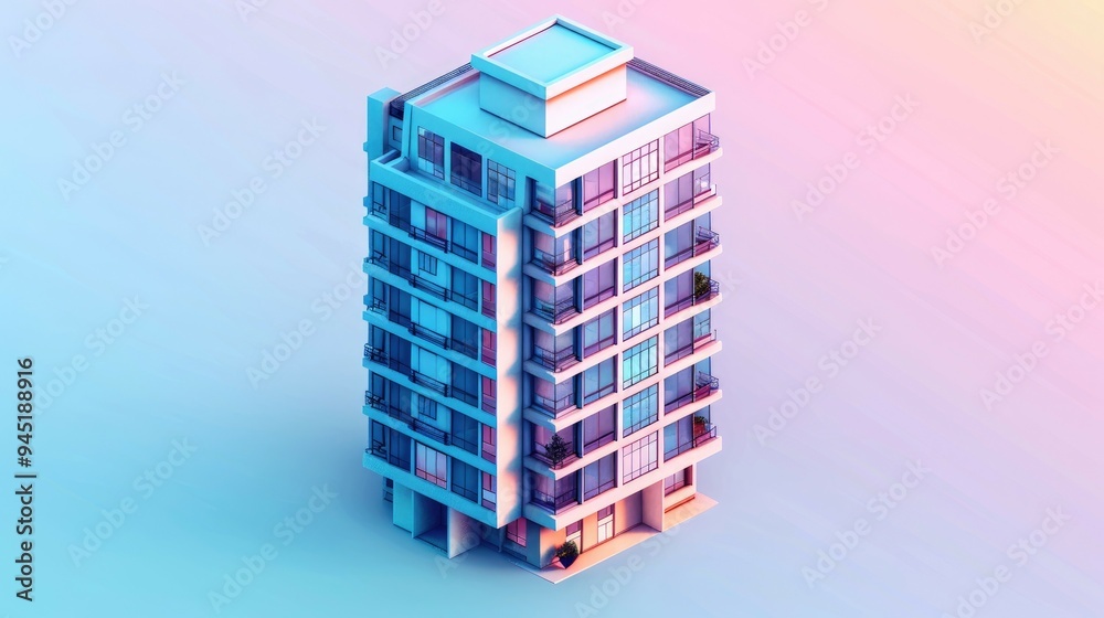 Modern Apartment Building with Glass Balconies and a Gradient Background