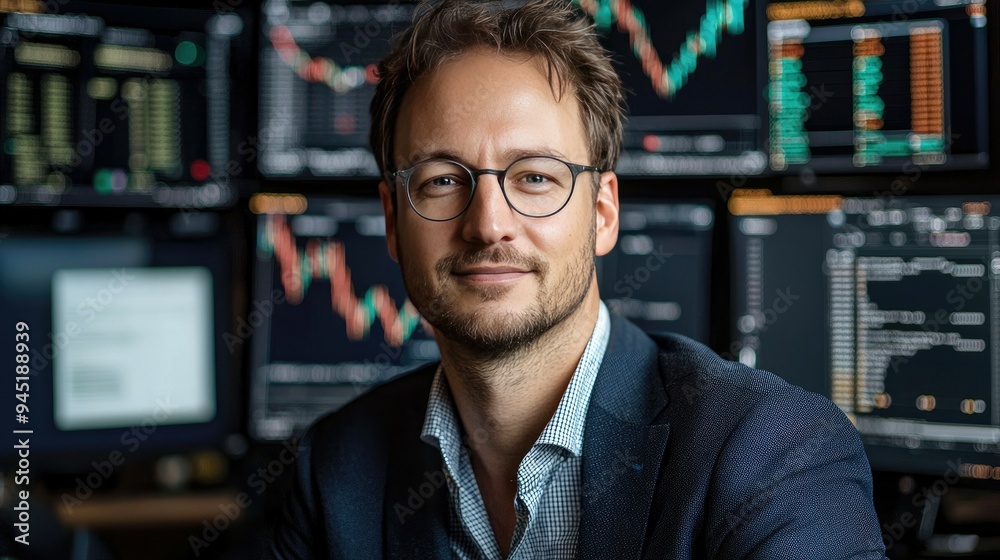 Man in a Suit Looking at the Camera with Stock Market Data in the Background Man in a Suit Looking at the Camera with Stock Market Data in the Background