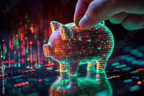 Wallpaper Mural Digital Futuristic Piggy Bank Concept with Hand Inserting Coin, Technology Savings Illustration Torontodigital.ca