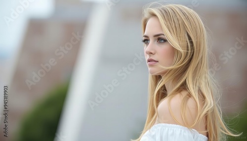 blonde woman with long hair and blue eyes looking off to the side.