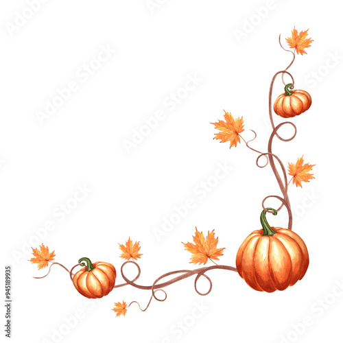 Autumn pumpkins with maple leaves on twigs. Fall frame corner for Harvest fest or Halloween. Hand drawn watercolor illustration isolated. Natural template with copy space for card, Thanksgiving, sale.