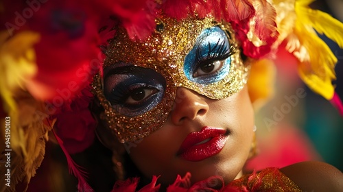 A Woman Wearing a Glittery Carnival Mask with Red Lips